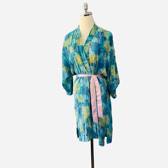 Indie Ella Silk Robe One Size Blue Green Boho Floral Beaded Sequined Kimono - Picture 14 of 16